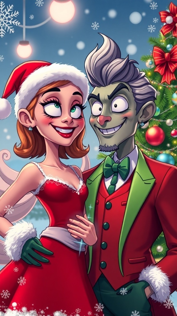Hazbin Hotel characters Charlie and Alastor in Christmas outfits with festive decorations.